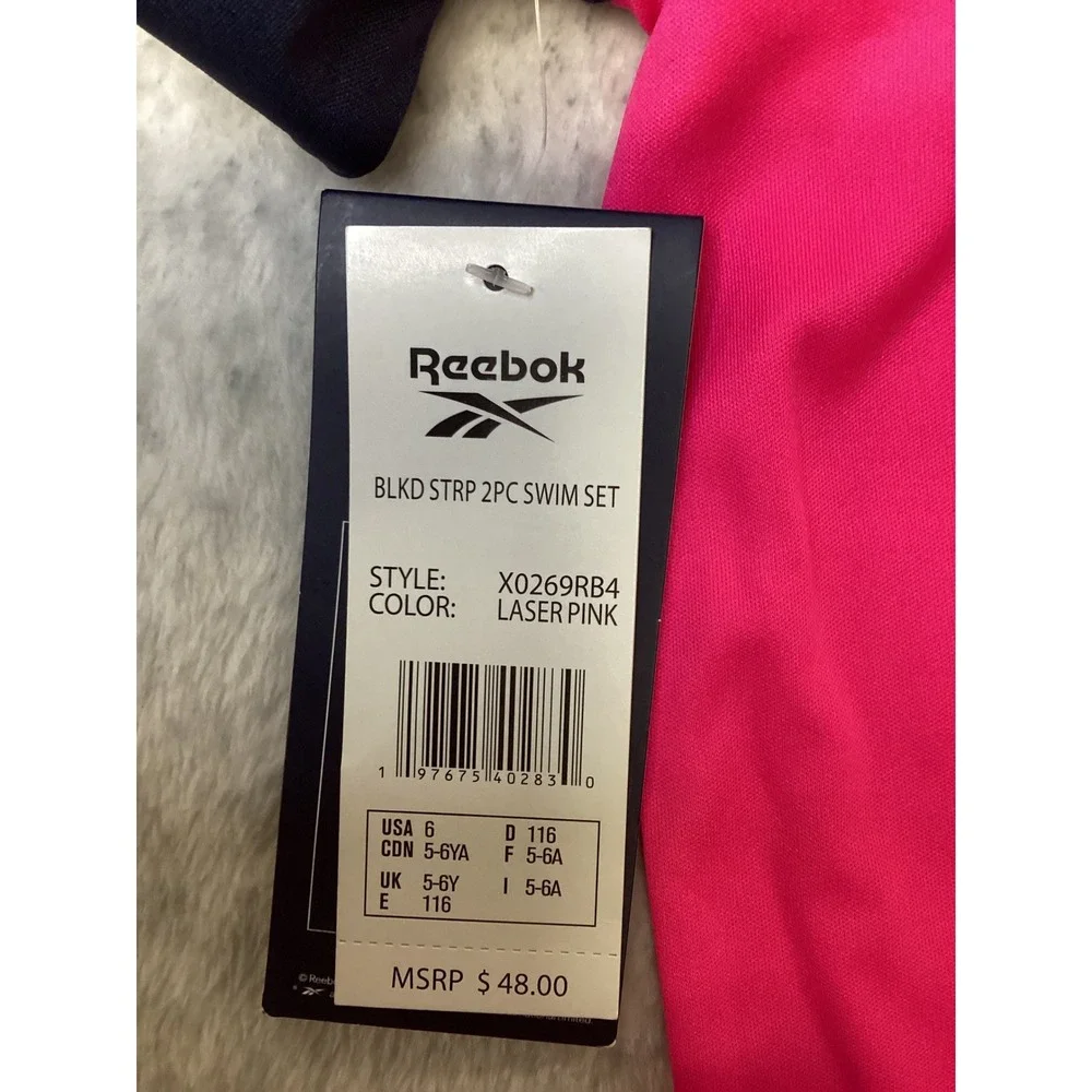 Reebok Boys 2 Piece Swim Set Rash Guard Shorts Laser Pink Navy Blue Size 6